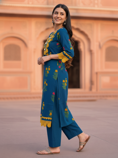 Blue Floral Ethnic Printed Lace Work Cotton Straight Kurta Set with Palazzo and Dupatta
