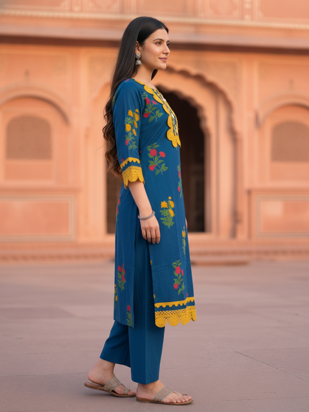 Blue Floral Ethnic Printed Lace Work Cotton Straight Kurta Set with Palazzo and Dupatta