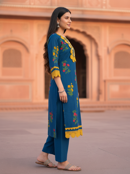 Blue Floral Ethnic Printed Lace Work Cotton Straight Kurta Set with Palazzo and Dupatta