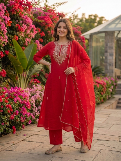 Rani Pink Solid Mirror Embroidered Cotton A-Line Kurta Set with Palazzo and Dupatta