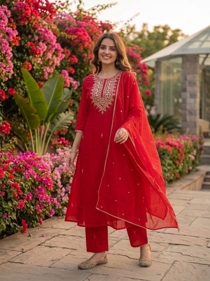 Rani Pink Solid Mirror Embroidered Cotton A-Line Kurta Set with Palazzo and Dupatta