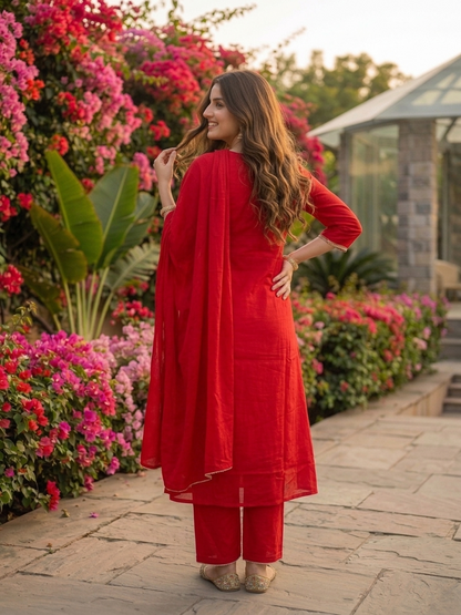 Rani Pink Solid Mirror Embroidered Cotton A-Line Kurta Set with Palazzo and Dupatta