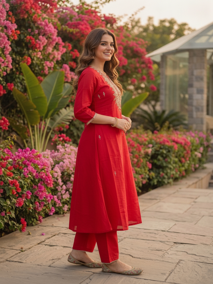 Rani Pink Solid Mirror Embroidered Cotton A-Line Kurta Set with Palazzo and Dupatta