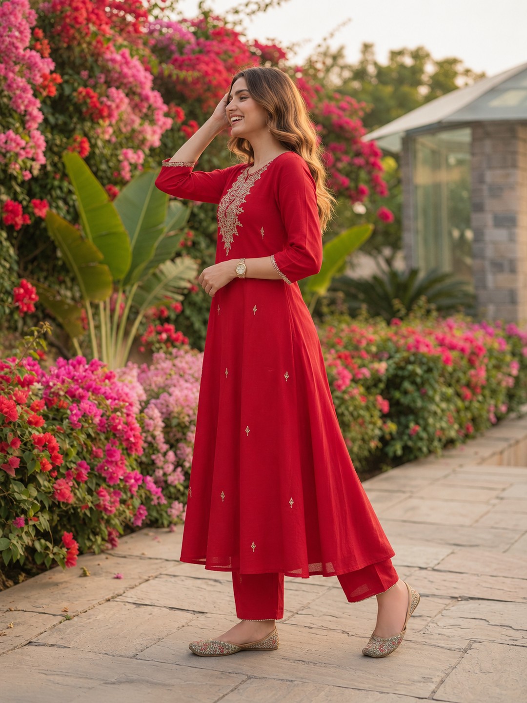 Rani Pink Solid Mirror Embroidered Cotton A-Line Kurta Set with Palazzo and Dupatta