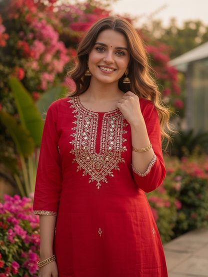 Rani Pink Solid Mirror Embroidered Cotton A-Line Kurta Set with Palazzo and Dupatta
