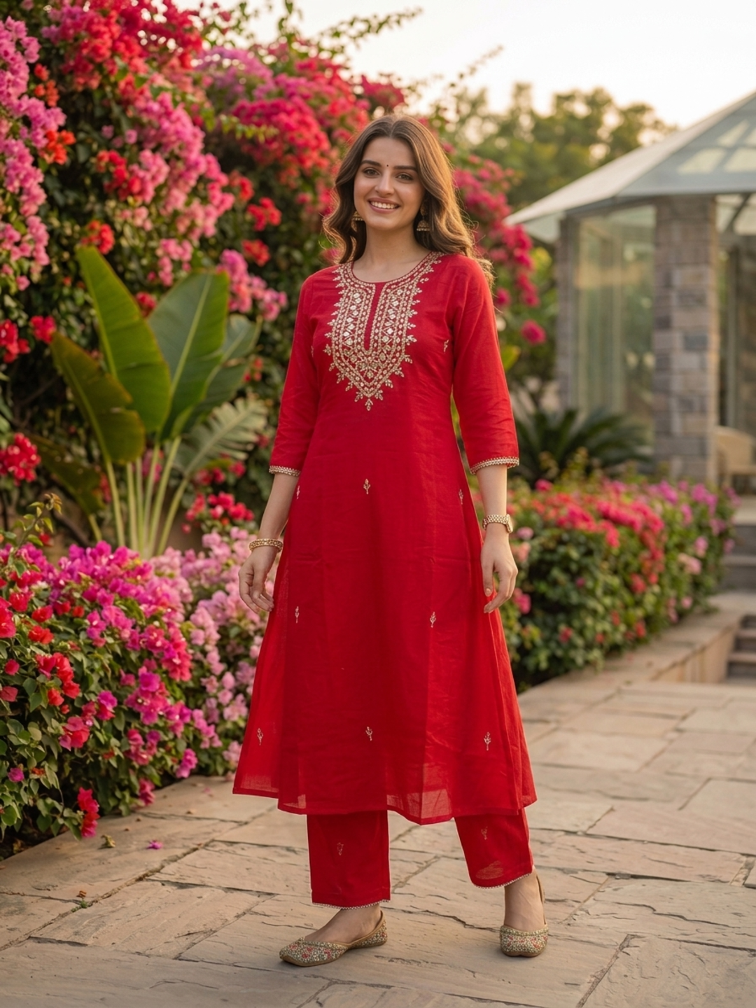 Rani Pink Solid Mirror Embroidered Cotton A-Line Kurta Set with Palazzo and Dupatta
