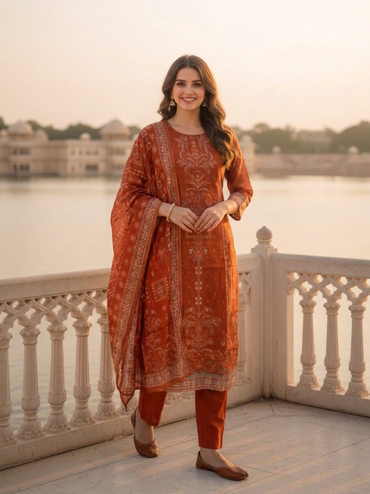 Burnt Orange Floral Ethnic Printed Embroidered Chanderi Silk Straight Kurta Set with Pant and Dupatta
