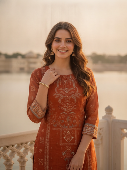 Burnt Orange Floral Ethnic Printed Embroidered Chanderi Silk Straight Kurta Set with Pant and Dupatta