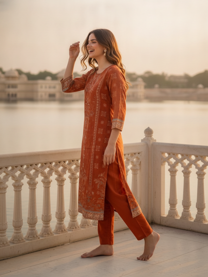 Burnt Orange Floral Ethnic Printed Embroidered Chanderi Silk Straight Kurta Set with Pant and Dupatta