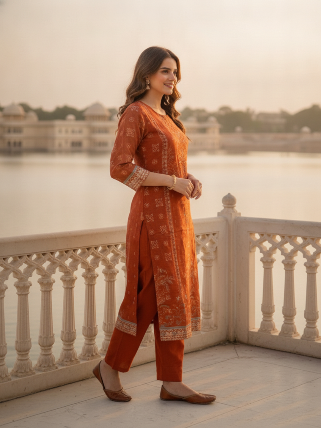 Burnt Orange Floral Ethnic Printed Embroidered Chanderi Silk Straight Kurta Set with Pant and Dupatta