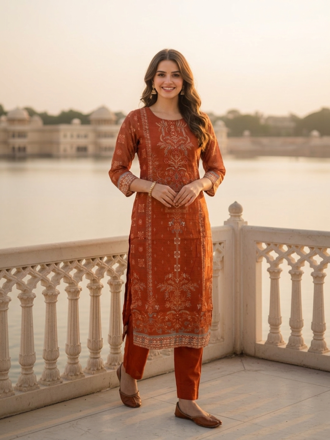 Burnt Orange Floral Ethnic Printed Embroidered Chanderi Silk Straight Kurta Set with Pant and Dupatta