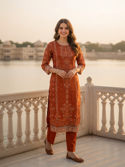 Burnt Orange Floral Ethnic Printed Embroidered Chanderi Silk Straight Kurta Set with Pant and Dupatta