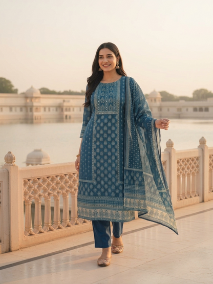 Indigo Blue Floral Ethnic Printed Embroidered Chanderi Silk Straight Kurta Set with Pant and Dupatta