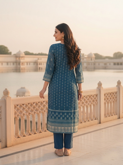 Indigo Blue Floral Ethnic Printed Embroidered Chanderi Silk Straight Kurta Set with Pant and Dupatta