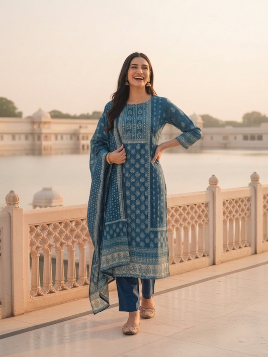 Indigo Blue Floral Ethnic Printed Embroidered Chanderi Silk Straight Kurta Set with Pant and Dupatta
