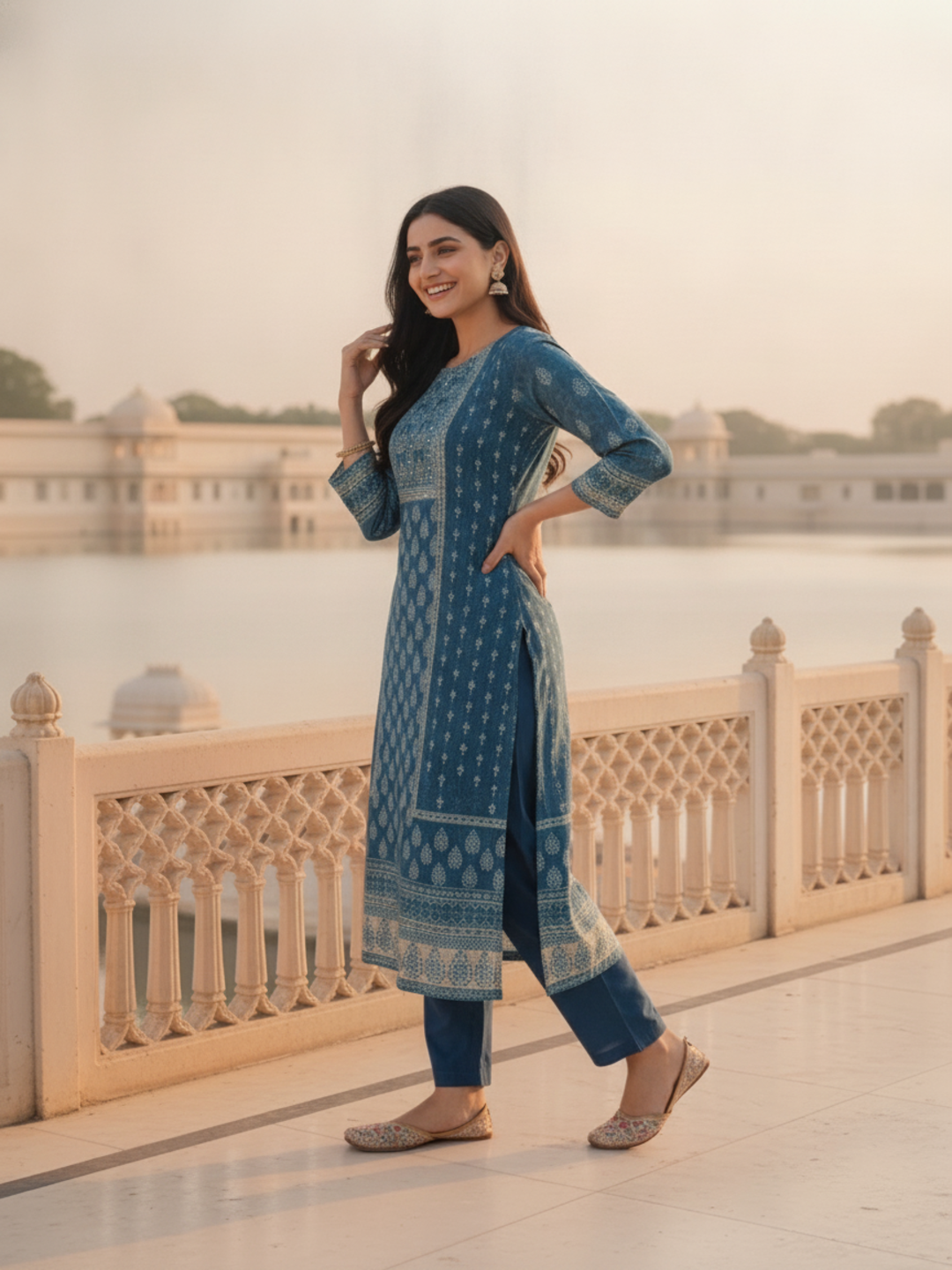 Indigo Blue Floral Ethnic Printed Embroidered Chanderi Silk Straight Kurta Set with Pant and Dupatta