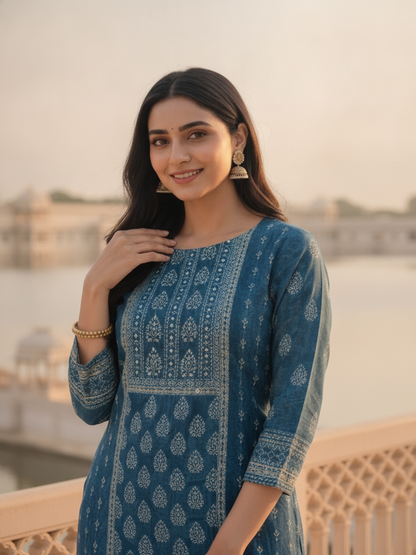 Indigo Blue Floral Ethnic Printed Embroidered Chanderi Silk Straight Kurta Set with Pant and Dupatta