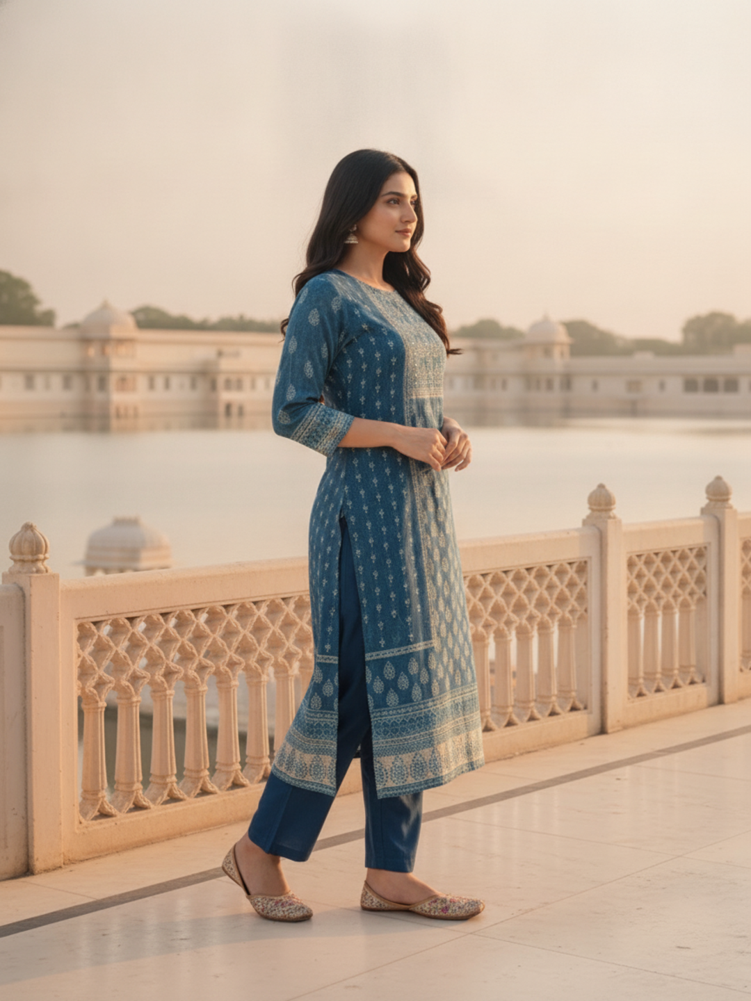 Indigo Blue Floral Ethnic Printed Embroidered Chanderi Silk Straight Kurta Set with Pant and Dupatta