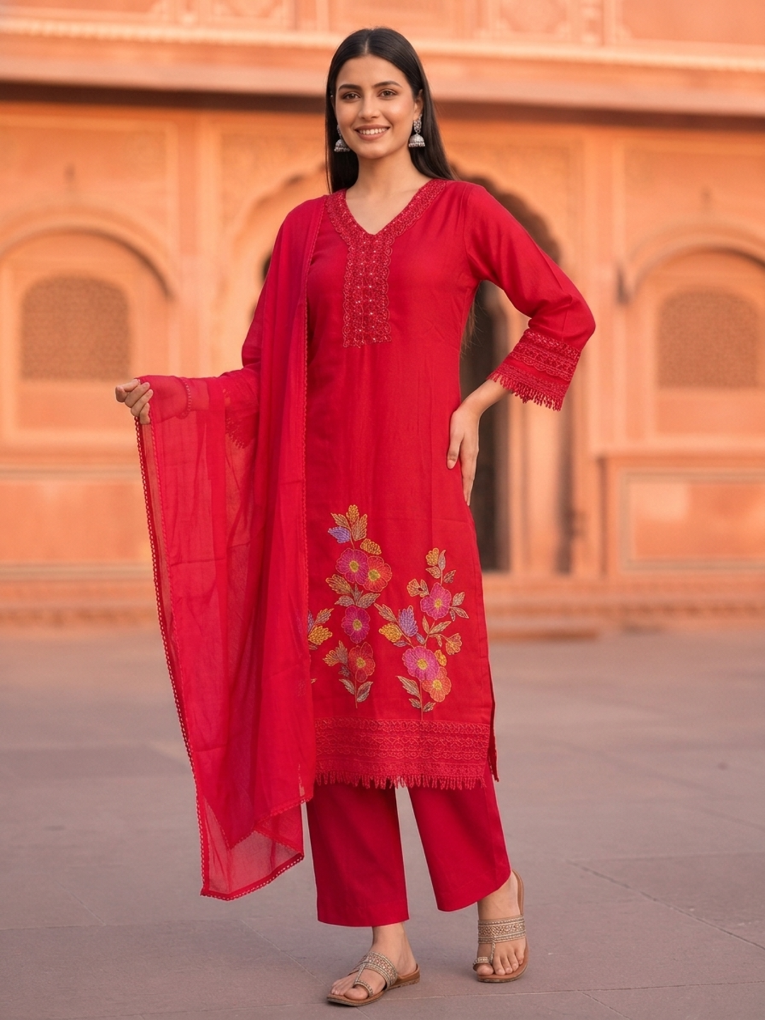 Hot Pink Solid Floral Embroidered Chanderi Silk Straight Kurta Set with Palazzo and Dupatta