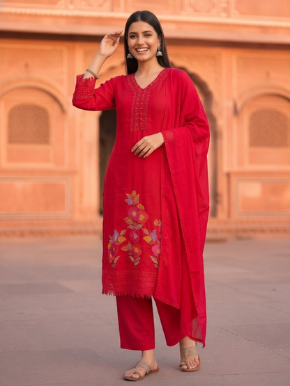 Hot Pink Solid Floral Embroidered Chanderi Silk Straight Kurta Set with Palazzo and Dupatta