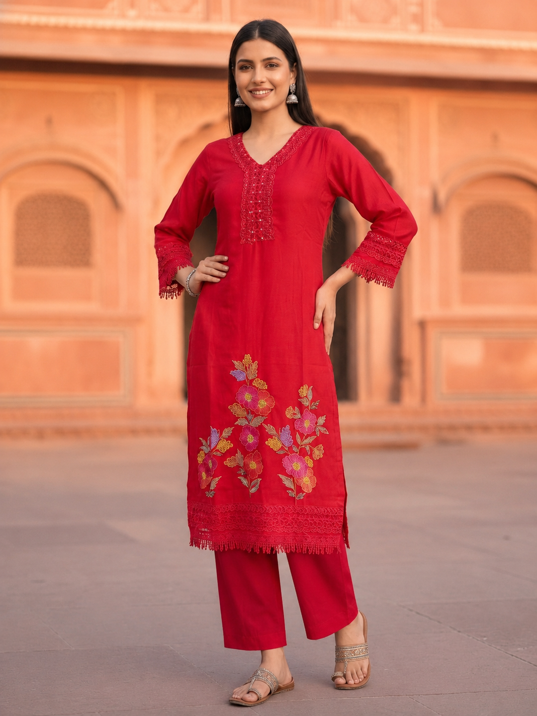 Hot Pink Solid Floral Embroidered Chanderi Silk Straight Kurta Set with Palazzo and Dupatta