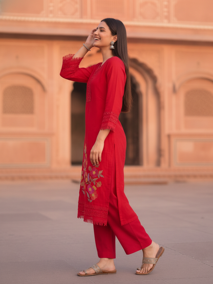 Hot Pink Solid Floral Embroidered Chanderi Silk Straight Kurta Set with Palazzo and Dupatta