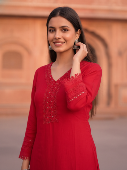 Hot Pink Solid Floral Embroidered Chanderi Silk Straight Kurta Set with Palazzo and Dupatta