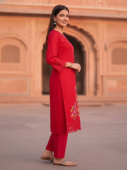 Hot Pink Solid Floral Embroidered Chanderi Silk Straight Kurta Set with Palazzo and Dupatta