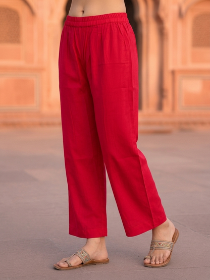 Hot Pink Solid Floral Embroidered Chanderi Silk Straight Kurta Set with Palazzo and Dupatta