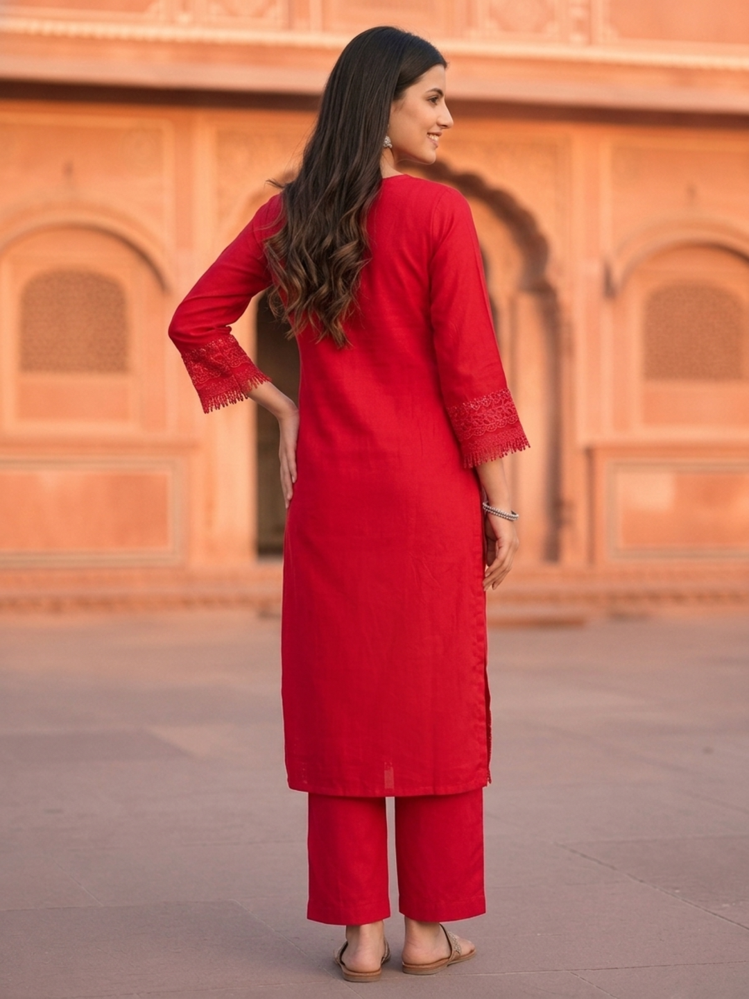 Hot Pink Solid Floral Embroidered Chanderi Silk Straight Kurta Set with Palazzo and Dupatta