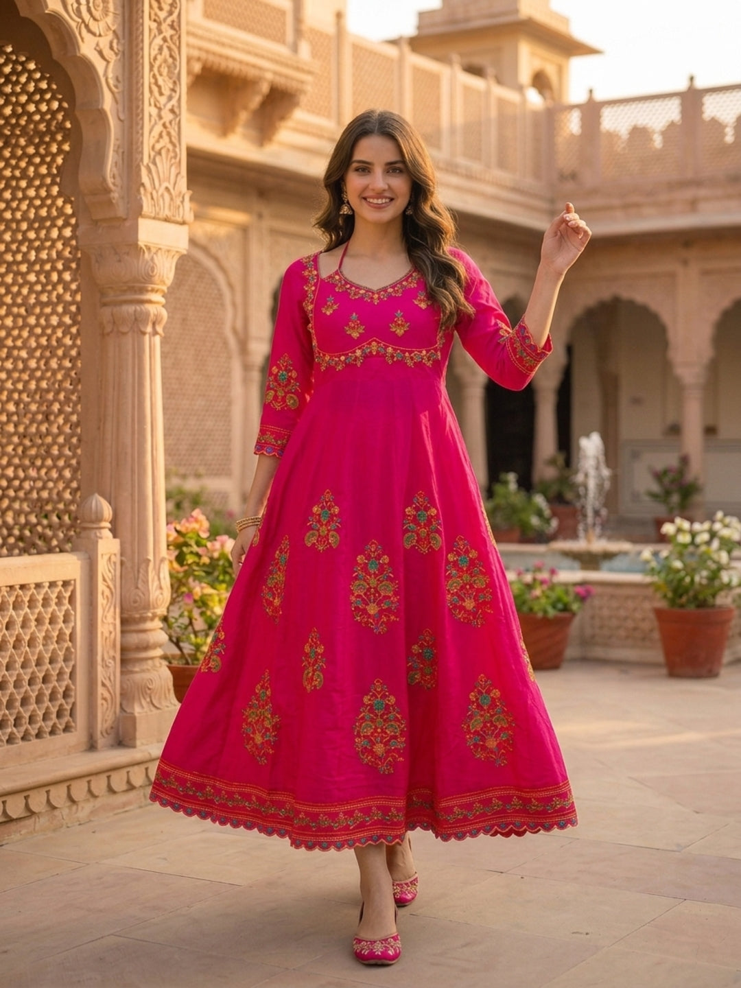 Fuchsia Solid Floral Hand-Embroidered Cotton Anarkali Kurta Set with Pant and Dupatta
