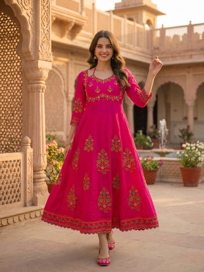 Fuchsia Solid Floral Hand-Embroidered Cotton Anarkali Kurta Set with Pant and Dupatta