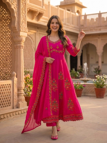 Fuchsia Solid Floral Hand-Embroidered Cotton Anarkali Kurta Set with Pant and Dupatta