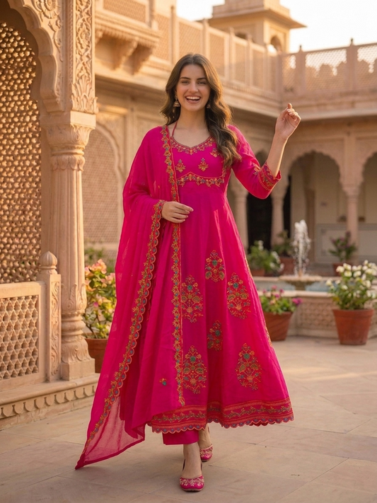 Fuchsia Solid Floral Hand-Embroidered Cotton Anarkali Kurta Set with Pant and Dupatta