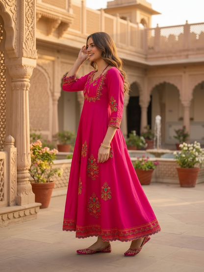 Fuchsia Solid Floral Hand-Embroidered Cotton Anarkali Kurta Set with Pant and Dupatta