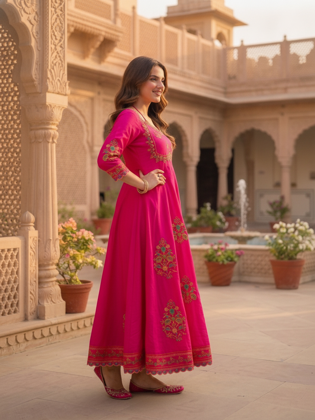 Fuchsia Solid Floral Hand-Embroidered Cotton Anarkali Kurta Set with Pant and Dupatta