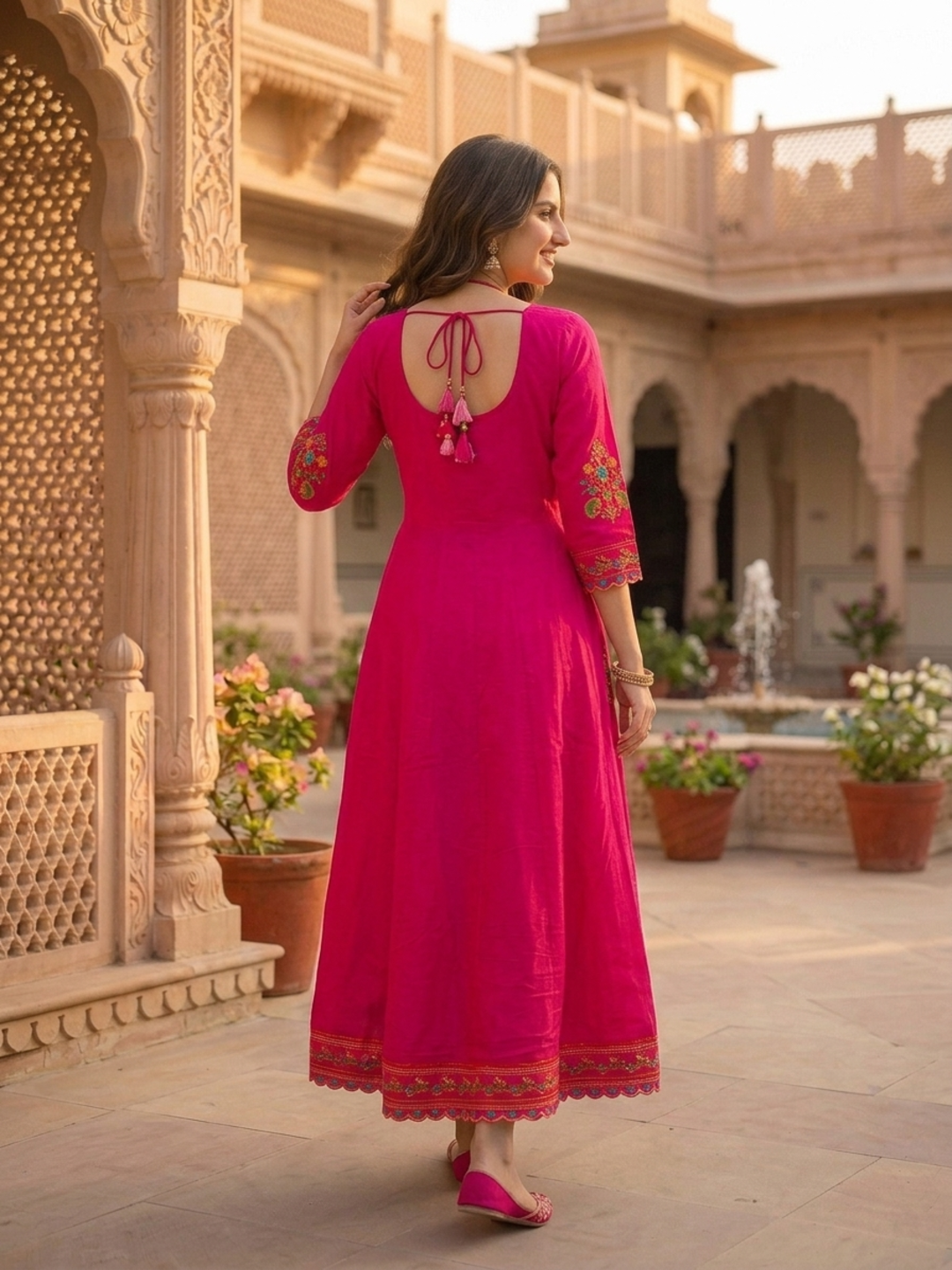 Fuchsia Solid Floral Hand-Embroidered Cotton Anarkali Kurta Set with Pant and Dupatta