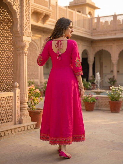 Fuchsia Solid Floral Hand-Embroidered Cotton Anarkali Kurta Set with Pant and Dupatta