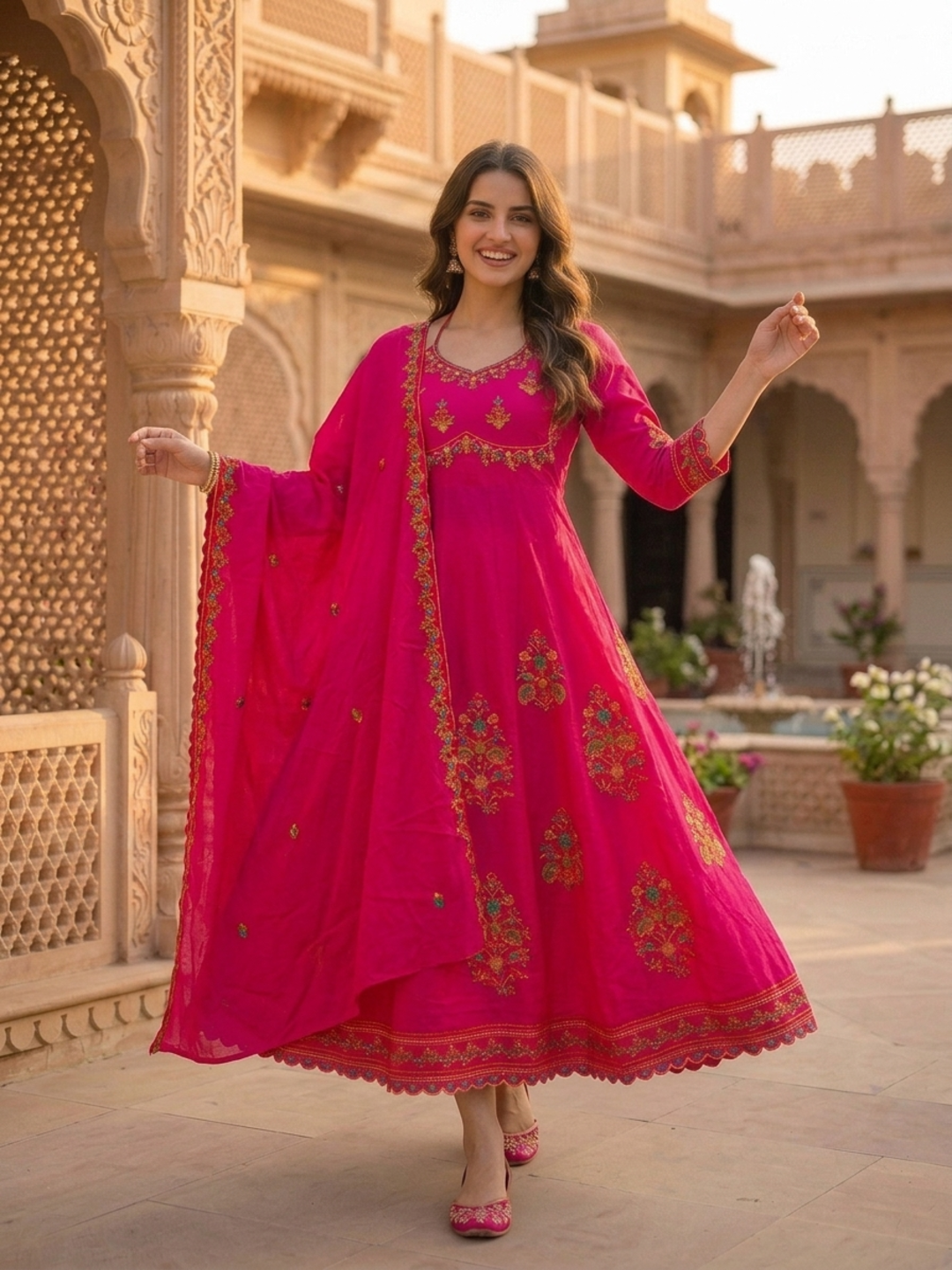 Fuchsia Solid Floral Hand-Embroidered Cotton Anarkali Kurta Set with Pant and Dupatta