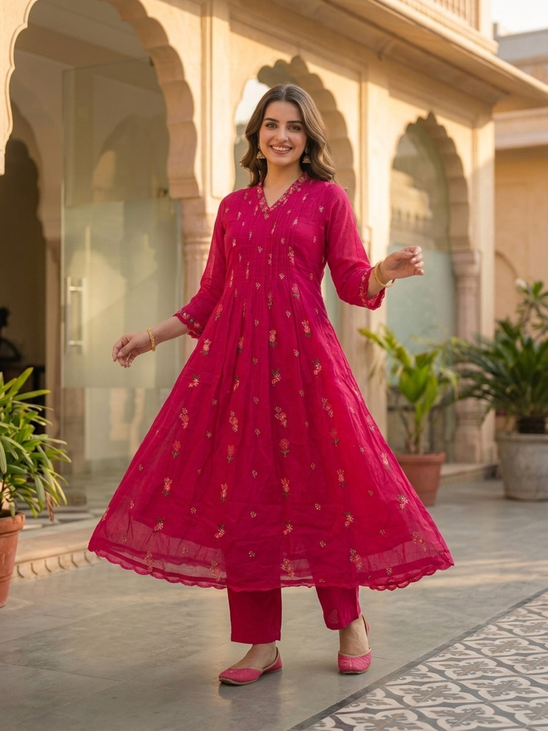 Fuchsia Solid Floral Embroidered Cotton A-Line Pleated Kurta Set with Pant and Dupatta