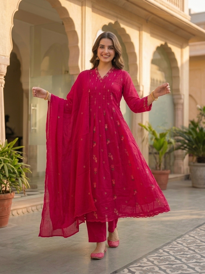 Fuchsia Solid Floral Embroidered Cotton A-Line Pleated Kurta Set with Pant and Dupatta