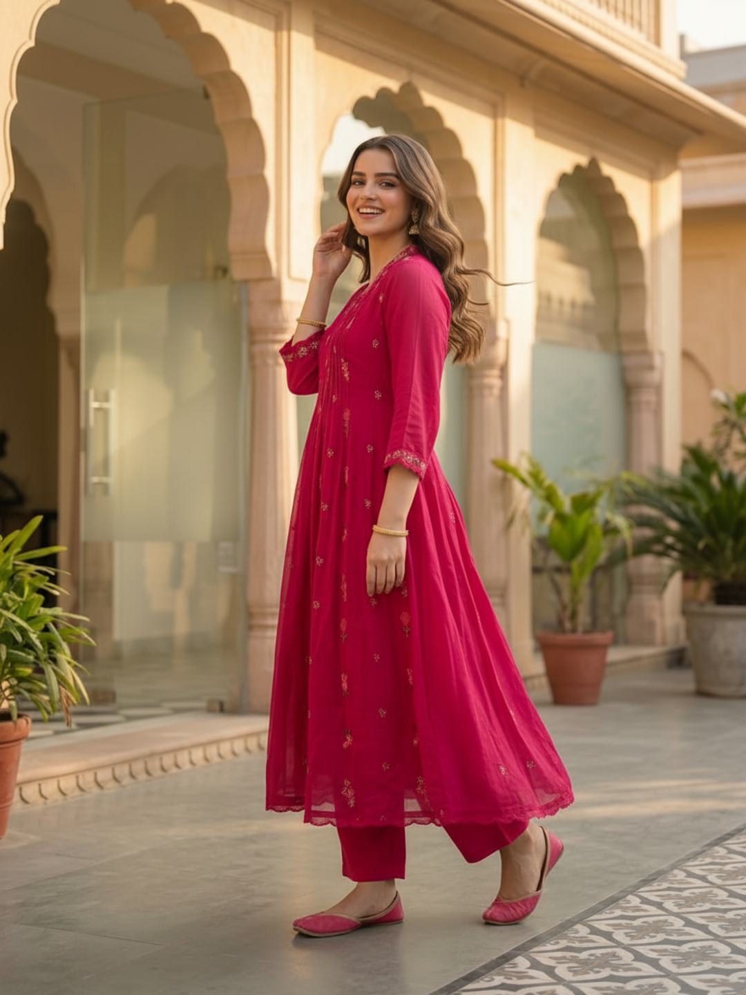 Fuchsia Solid Floral Embroidered Cotton A-Line Pleated Kurta Set with Pant and Dupatta