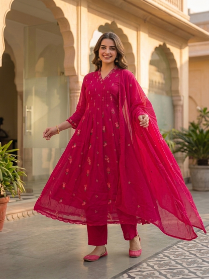 Fuchsia Solid Floral Embroidered Cotton A-Line Pleated Kurta Set with Pant and Dupatta