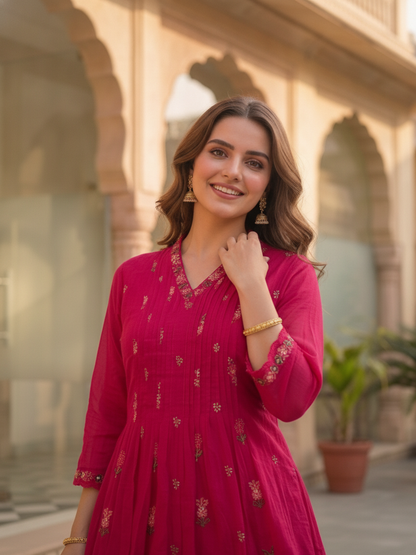 Fuchsia Solid Floral Embroidered Cotton A-Line Pleated Kurta Set with Pant and Dupatta