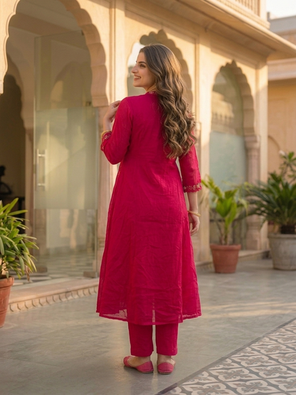 Fuchsia Solid Floral Embroidered Cotton A-Line Pleated Kurta Set with Pant and Dupatta
