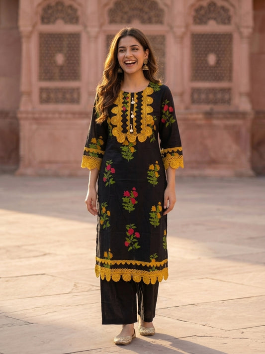 Black Floral Ethnic Printed Lace Work Cotton Straight Kurta Set with Palazzo and Dupatta