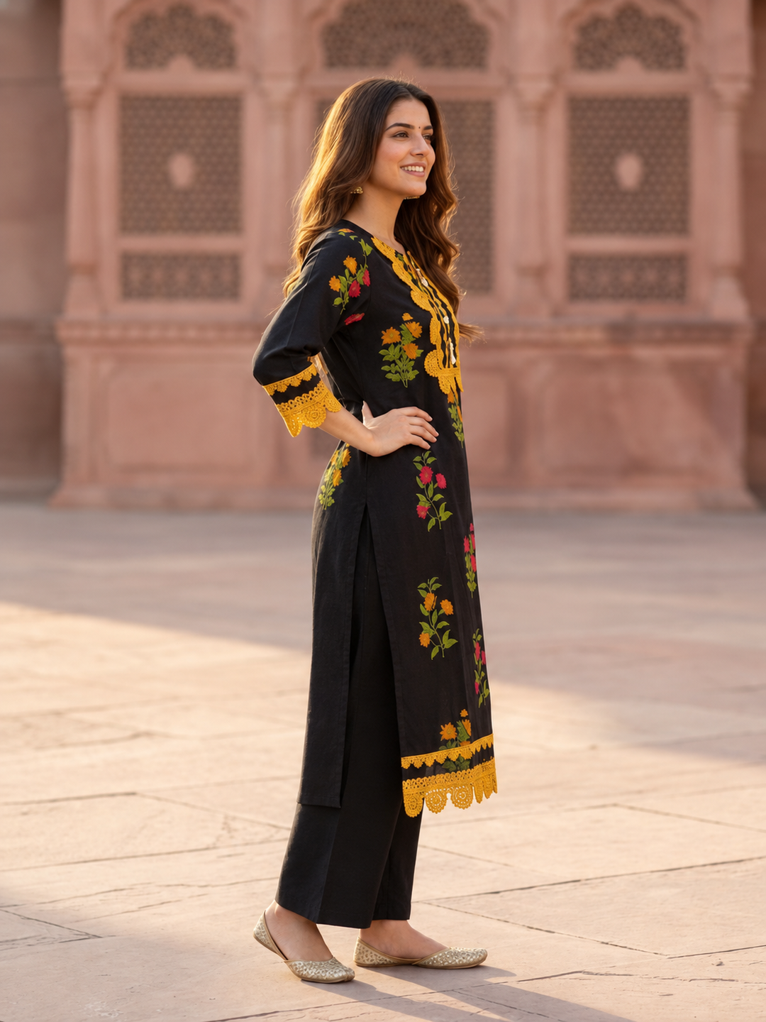 Black Floral Ethnic Printed Lace Work Cotton Straight Kurta Set with Palazzo and Dupatta