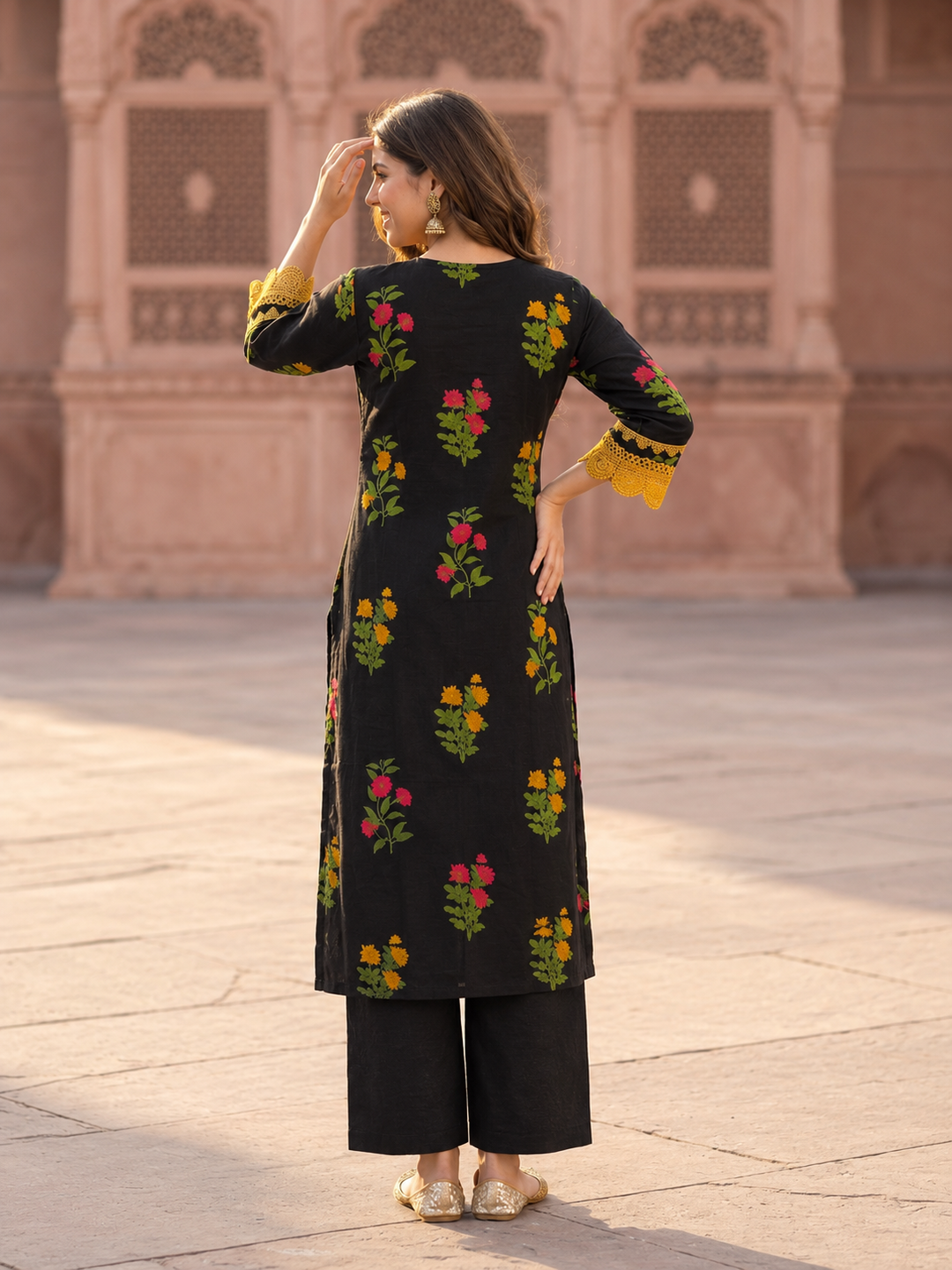 Black Floral Ethnic Printed Lace Work Cotton Straight Kurta Set with Palazzo and Dupatta