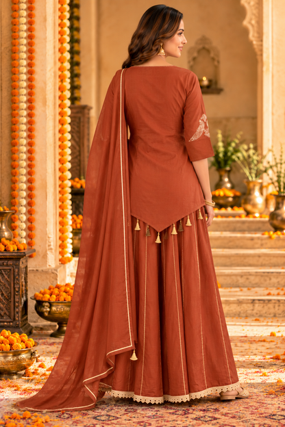 Brown Solid Peacock Embroidered Chanderi Silk Straight Short Kurta Set with Palazzo and Dupatta