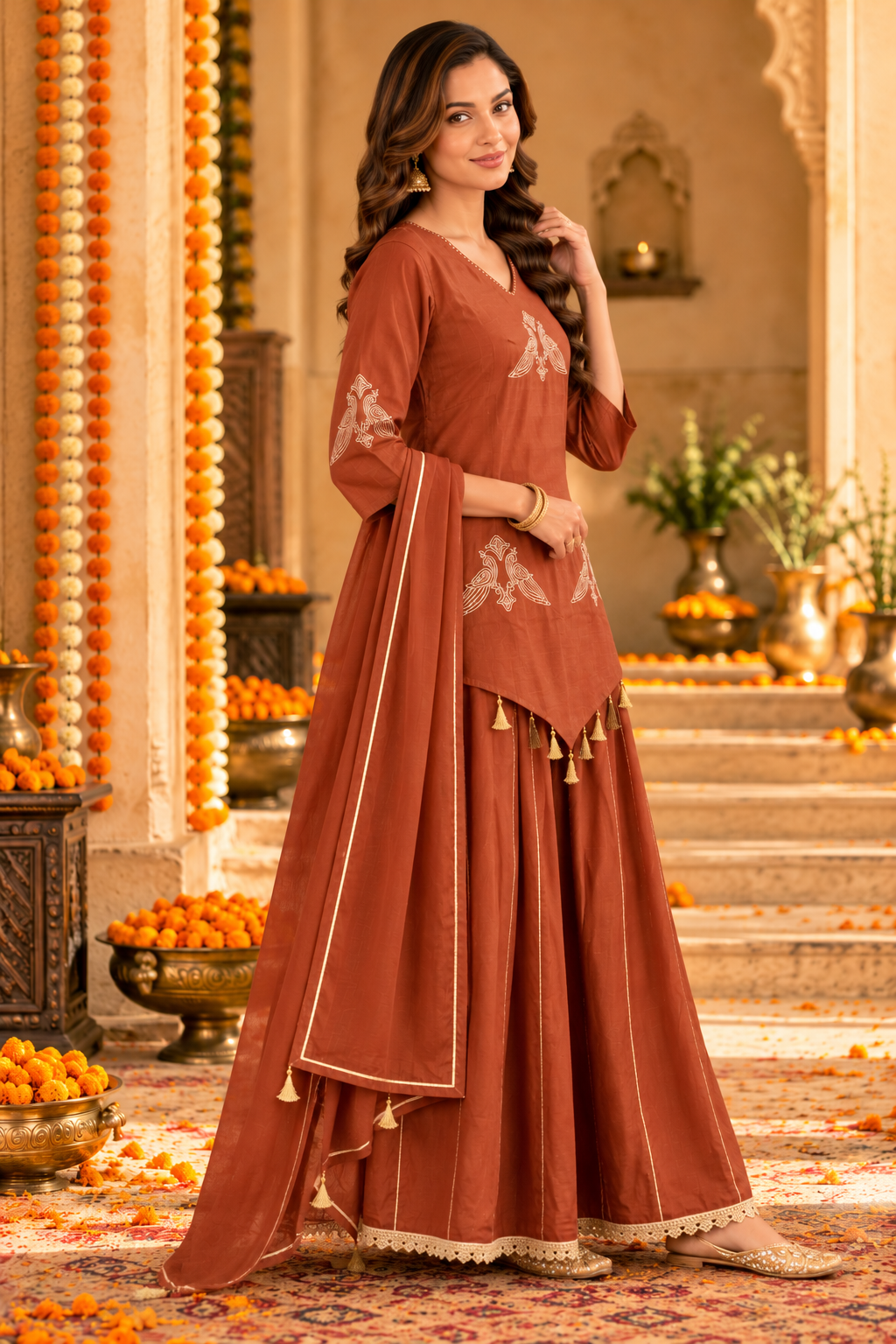 Brown Solid Peacock Embroidered Chanderi Silk Straight Short Kurta Set with Palazzo and Dupatta